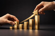 © pattozher - Ascending Profit with a Helping Hand: Two hands work together to assemble a golden bar chart with an upward-pointing arrow. Symbolizing growth, progress.