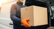 © Eve - Delivery man in blue jacket and orange gloves carrying large cardboard box near white van. Logistics and shipping transportation service. Courier worker holding parcel for moving or distribution indus