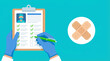 © DC - Medical Professional Completing Checklist on Clipboard with Bandage Icon. Healthcare Compliance and Vaccination Record Concept.