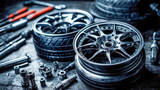High quality alloy wheels and tools on workbench in workshop, auto repair scene