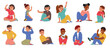© Anna Syvak - Cute kids cartoon characters sitting waving their hands in friendly greeting gesture isolated set