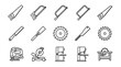 © Ziniaislam - Minimalist Vector Set of Carpentry Tools and Saw Line Icons. Woodworking Equipment Collection featuring Hand Saw, Hacksaw, Circular Saw Blade, Jigsaw, Miter Saw, Band Saw, and Table Saw Graphics.