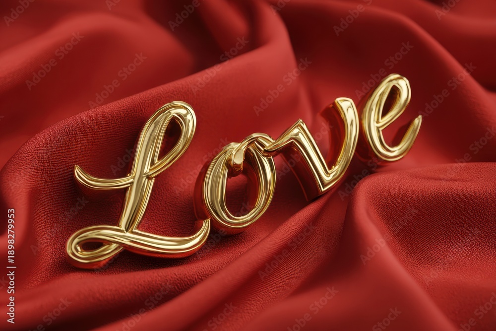 Golden Love word resting on red satin fabric