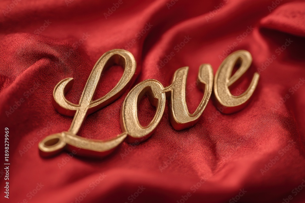 Golden love word resting on red satin fabric