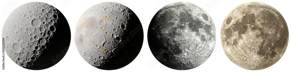Simple Moon Render Solid Color realistic 3d render illustration showcasing four distinct views of the ...