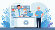 © PDWN Creative - Professional male pharmacist assisting an elderly patient at a modern pharmacy counter, providing medicine or consultation. Healthcare support vector illustration