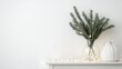 © Chaikit - Nordic-inspired holiday vignette featuring pristine white wall space above minimalist white console table, architectural glass vase containing artfully arranged fresh evergreen branches with visible