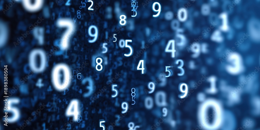 Floating numbers in digital matrix with blue gradient background