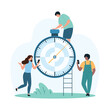 © Iconic Prototype - Time management, punctuality control and training. Tiny people check countdown interval to deadline, measure time for business, sport competition with second hand of timer cartoon vector illustration