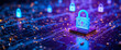 © Red - High-tech security interface, glowing padlocks rising from a digital circuit terrain, purple base tones with cyan data streams and golden light sparks,
