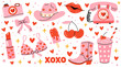 © Alina Pear - Valentine's Day pink and red retro doodle sticker set, romantic coquette aesthetic elements. Cute collection of hand-drawn girly, cowgirl elements. Perfect Valentines day, birthday, bachelorette party