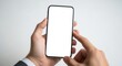 © REAL  - Hand holding smartphone with blank white screen mockup for app presentation and website design