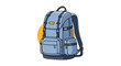 © Willian - Blue travel backpack for hiking and camping, illustrated in a clean cartoon style with an orange sun in the background.