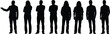 © Amatullah Nasrin - Silhouette of diverse group of seven people standing side by side, mix of formal and casual attire, teamwork and leadership concept, isolated on white background