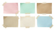 © Vitalo4ok - Collection of six blank note cards taped with masking tape, pastel and kraft paper memo templates isolated on transparent background