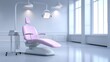 © tynza - Dental chair with overhead lamp in empty clinic room, minimalist composition, clean lines, white and pastel tones