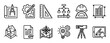© Vladislav - Set of black line icons for engineering, architecture, and construction, including a blueprint, hard hat, flowchart, and surveying tools for technical design and planning projects