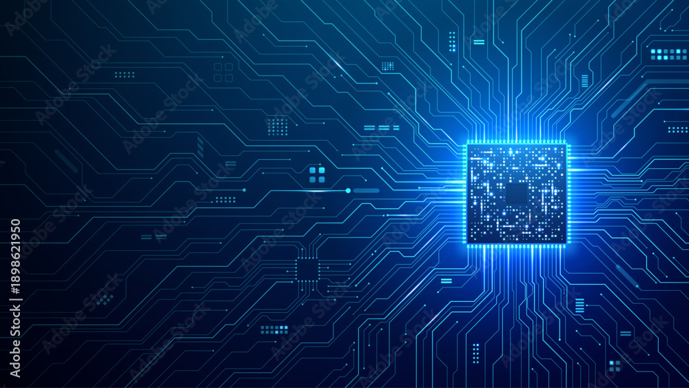 Advanced circuit board with semiconductor chip creating futuristic ...