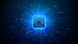 © AntonKhrupinArt - Futuristic processor with spreading electronic connections forming motherboard pattern, quantum computing visualization with glowing data pathways and abstract tech elements. Digital blue background