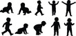 © Jamayat - Silhouettes of baby and toddler growth stages, showing crawling, standing, and walking positions, isolated on white background, representing child development and early childhood milestones