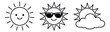 © iVGraphic - Hand drawn line art sun icons set featuring smiling faces, sunglasses, and a cloud for summer weather designs