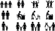 © Shamim's World - Comprehensive Vector Icon Set of Stick Figures Representing Diverse Families Elderly People Professional Work Home Cleaning and Parenting Activities Isolated on White