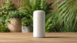 © alexandre - Sleek White Cylindrical Bottle Product Displayed on Natural Wooden Surface Amidst Lush Green Plants