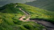 © CreativeEarth - Winding Dirt Path on Lush Green Rolling Hills at Sunset - Nature Landscape