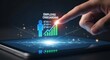 © Funni - A hand interacts with a digital tablet displaying employee performance statistics and growth graphs in a futuristic interface