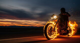 A motorcycle with flaming wheels riding at speed, perfect for fire concepts, hot deals, and intense action plans