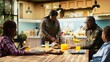 © DC Studio - Black woman preparing lunch box for her school girl daughter during breakfast, discussing with family and bonding during morning routine. Mother getting the kids ready with meal prep. Camera A.
