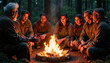 © AlenaSi - Campfire storytelling with friends gathered around flame in tranquil forest setting. Group of individuals sharing tales near flickering fire, creating memorable bonding moments.