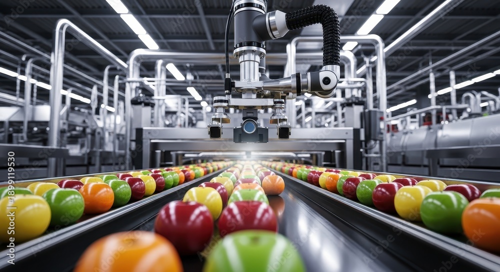 Automated Robotic Arm Inspecting Colorful Fruits on a Modern Food ...