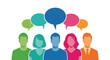 © Farzana - Diverse group of five people's silhouettes sharing opinions represented by colorful speech bubbles above