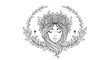 © akmal - Detailed line art illustration of a woman's head with a floral crown and a botanical wreath, eyes closed in serene contemplation.