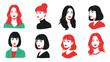 © Lyman - Set of eight stylized portraits of diverse women with different hairstyles and outfits in a bold red, black, and green color scheme.