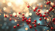 © Pachara - Red berry branch bokeh winter berry closeup sunlight flare background festive nature scene dewy twig sparkle holiday season mood warm golden light shallow focus branch macro red fruit frosty