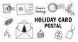 © Myanee - A collection of hand-drawn holiday and Christmas-themed postal and gift-related icons, including stamps, postcards, envelopes, ornaments, and gift tags.
