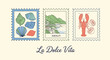 © Myanee - Three vintage-style postage stamps featuring seashells, the Amalfi coast, and a lobster with lemons, with 'La Dolce Vita' written below.