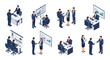 © Budi Studio - Isometric illustrations depicting various business meeting scenarios with professionals collaborating and discussing data.