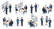 © Budi Studio - Isometric set of business people in various office situations, including meetings, presentations, negotiations, and agreements.