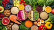 © DESIGN VIEW24 - Nutrient rich assortment of healthy foods including salmon fruits vegetables grains nuts and colorful smoothie bowls presented attractively
