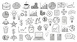 © Avoxel - A collection of hand-drawn business and finance icons, including charts, money, ideas, and office items, on a white background.