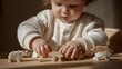 © Tania - An inviting table scene with baby hands discovering intricately designed wooden toys, showcasing the significance of tangible play in cognitive development for infants. cinematic color correction,