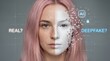 © Mariya Sorvacheva - Female with pink hair, half face showing realistic features and half face as digital representation, illustrating the concept of deepfake technology and its implications on identity