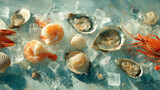 Fresh raw seafood selection on ice with vibrant shells and crustaceans close-up