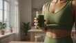 © Lubov - close-up shot of a glass of green drink in the hands of a girl in a green tracksuit in a home setting