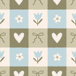 © Veronica - Cottage core checkered seamless pattern. Hand drawn cute nostalgic print with gingham blue and green ornament. Playful whimsical pattern for kitchen textile, blanket, tablecloth.