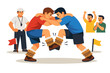 © Precious - Two men wrestling intensely in a competition with a referee and cheering crowd watching