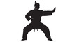 © Mostafizur - Silhouette of a martial artist in a powerful kung fu stance with one hand on hip and the other extended.